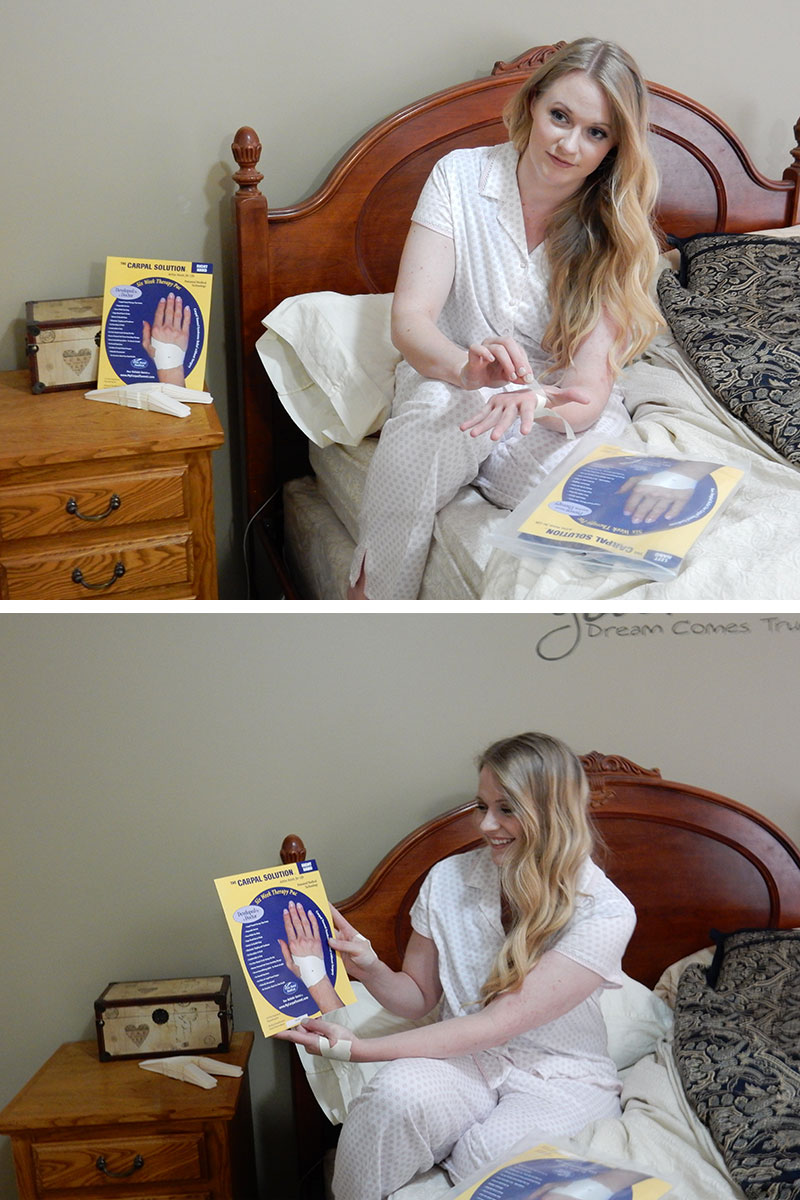 woman-demonstrating-the-carpal-solution The Carpal Solution is made from breathable hypoallergenic materials and comfortable to wear at night