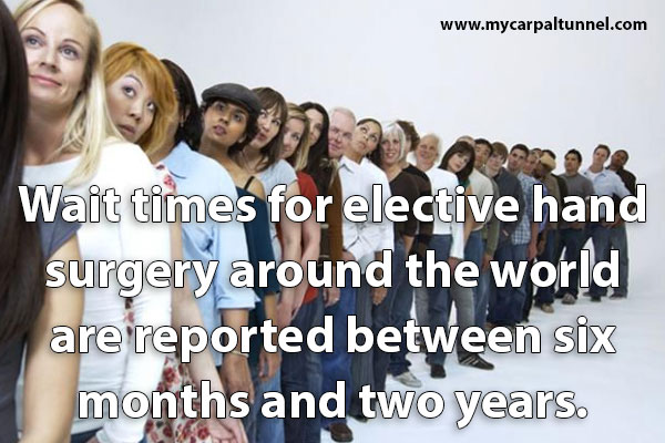Wait times for elective hand surgery around the world are reported between six months and two years. 