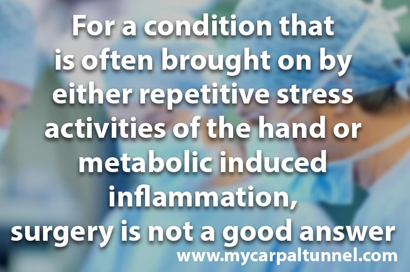 For a condition that is often brought on by either repetitive stress activities of the hand or metabolic induced inflammation, surgery is not a good answer 