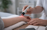 Clinician uses a red light device on a patient’s wrist during treatment.