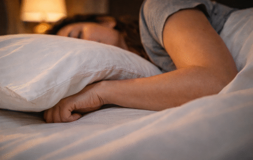 Person sleeping on their side with an arm under a pillow.