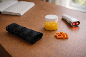 Wrist brace, gel jar, hand exerciser, and red light device on a wooden table.