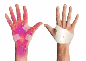 Illustration of a hand with pain highlights beside a hand wearing a support brace.