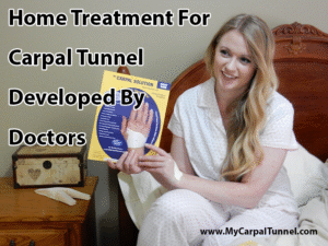 Woman in pajamas holding a Carpal Solution package beside the text “Home Treatment For Carpal Tunnel Developed By Doctors.”