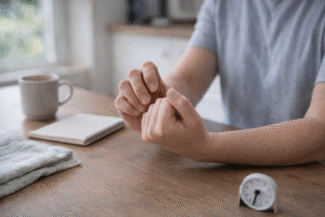 Person at a table rubbing their wrist near a notebook, mug, and small timer.