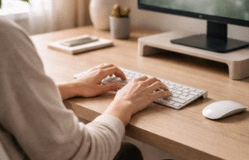 Person typing on keyboard at ergonomic home desk setup.