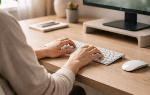 Person typing on keyboard at ergonomic home desk setup.
