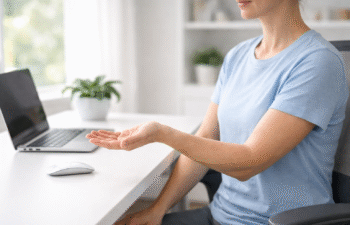 Woman seated at desk holding palm up in neutral wrist position.