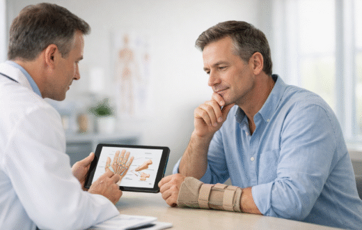 Doctor showing hand anatomy on tablet to patient wearing wrist brace.