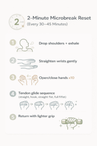 Infographic outlining a two minute microbreak routine for wrist relief.