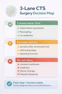 Carpal tunnel surgery decision map with conservative and urgent care guidance.