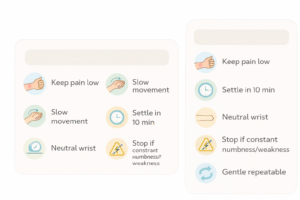 Checklist graphic with wrist care tips and caution signs.