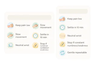 Steroid Injections vs. Splints vs. Surgery: What’s Typically Tried First? 3 Checklist graphic with wrist care tips and caution signs.