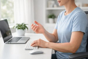 Woman performing gentle hand stretch at computer workstation.
