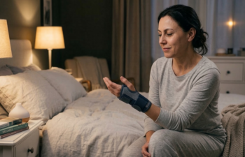Woman wearing a wrist brace while checking hand comfort in a softly lit bedroom