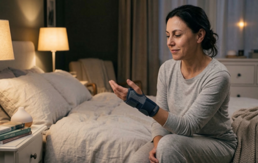 Woman wearing a wrist brace while checking hand comfort in a softly lit bedroom