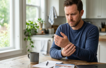 Man reading on a sofa while wearing a wrist brace for carpal tunnel support