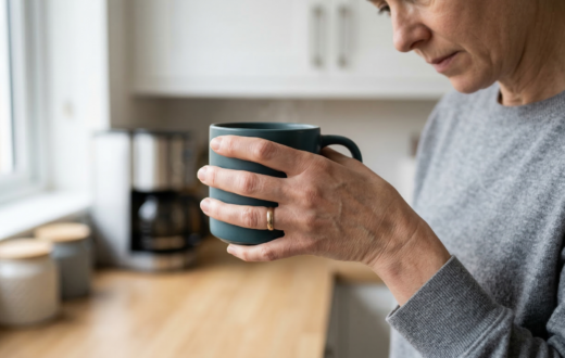 Woman holding a mug in a kitchen with hand discomfort linked to carpal tunnel syndrome
