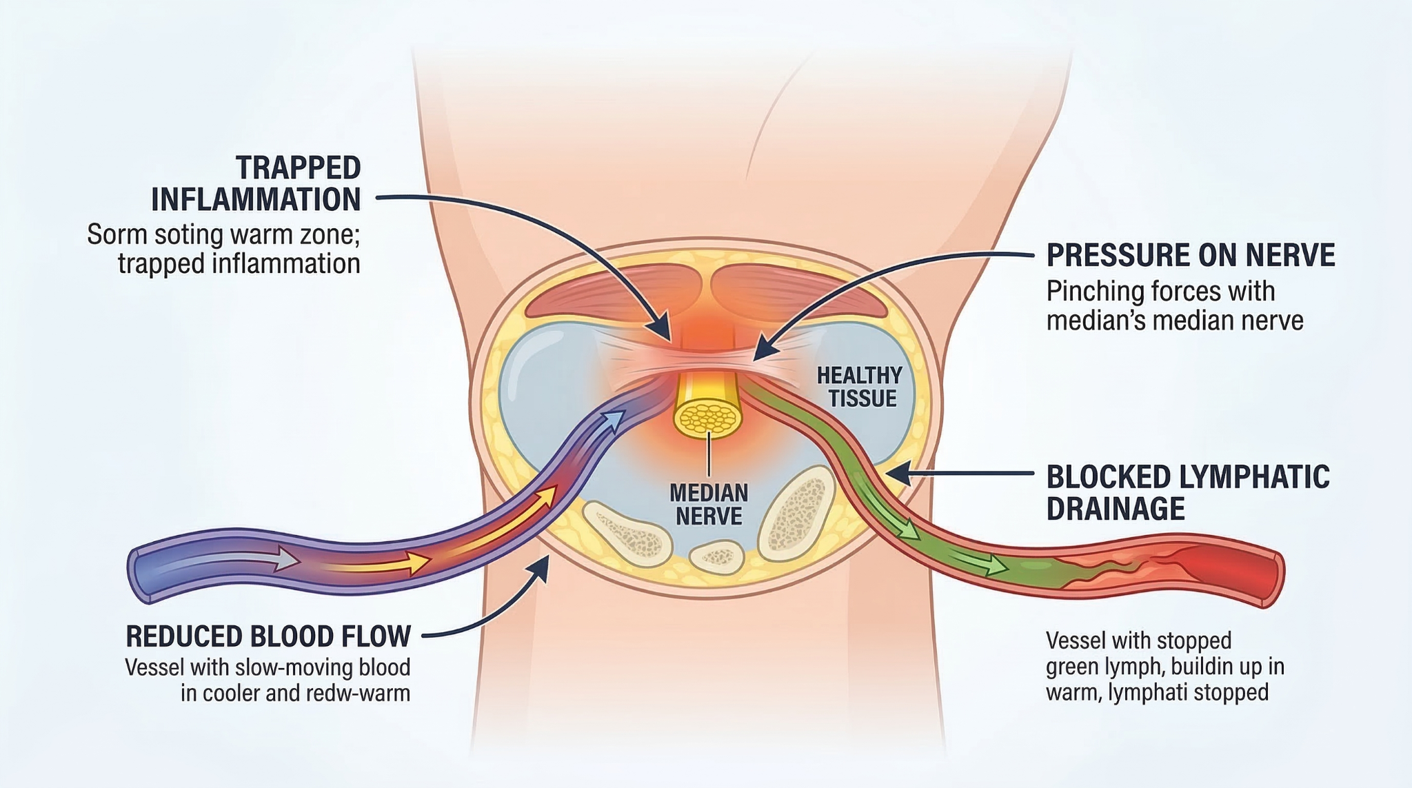 Medical cross-section illustration showing median nerve pressure and restricted circulation in the wrist