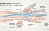 Anatomical diagram showing the median nerve and common wrist compression symptoms in the hand