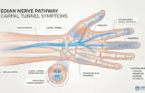 Anatomical diagram showing the median nerve and common wrist compression symptoms in the hand