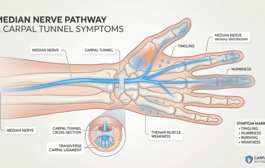 Anatomical diagram showing the median nerve and common wrist compression symptoms in the hand
