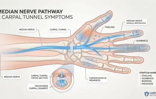 Anatomy of the Carpal Tunnel and Surrounding Soft Tissue 1 Anatomical diagram showing the median nerve and common wrist compression symptoms in the hand