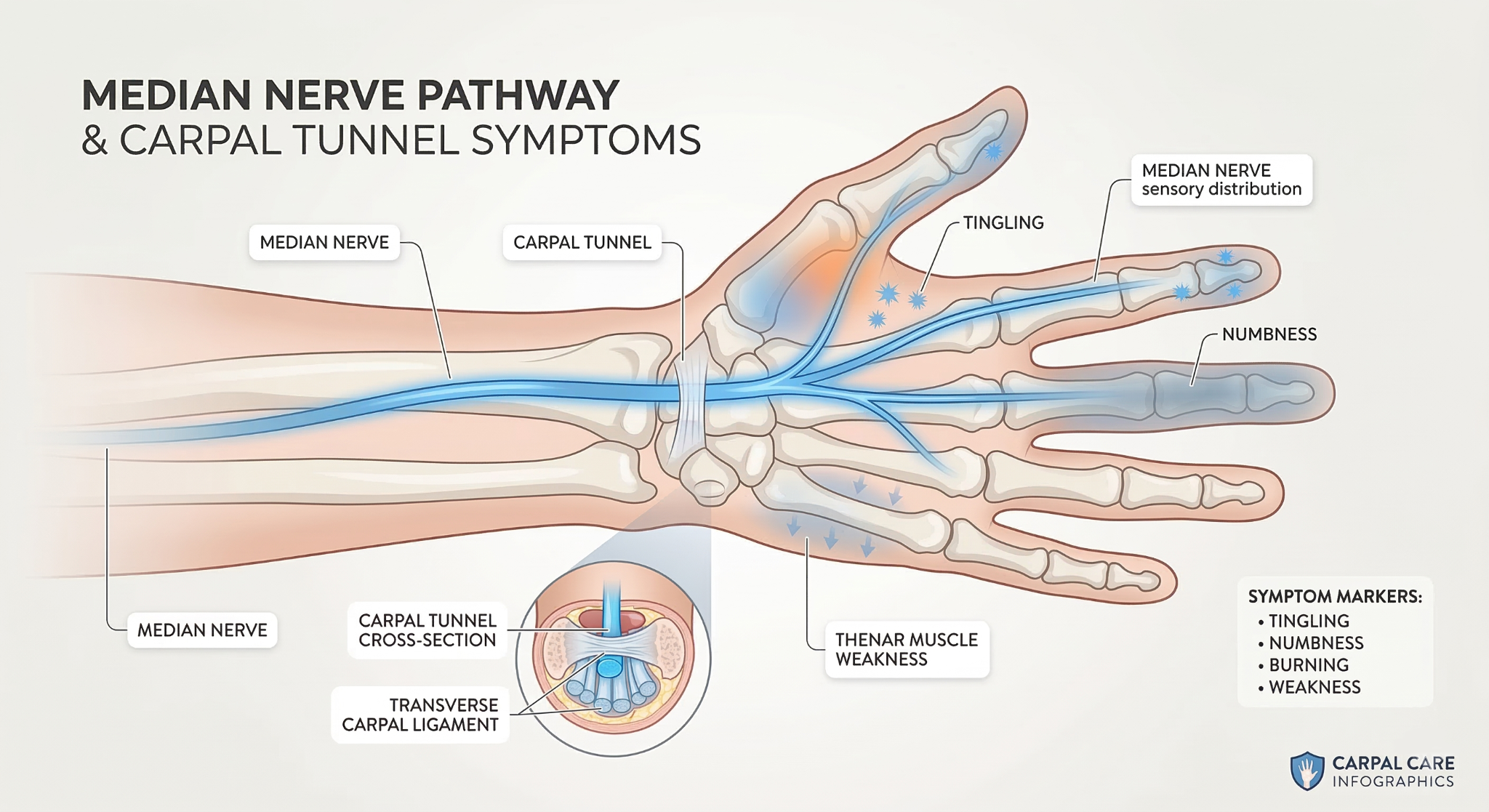 Anatomical diagram showing the median nerve and common wrist compression symptoms in the hand