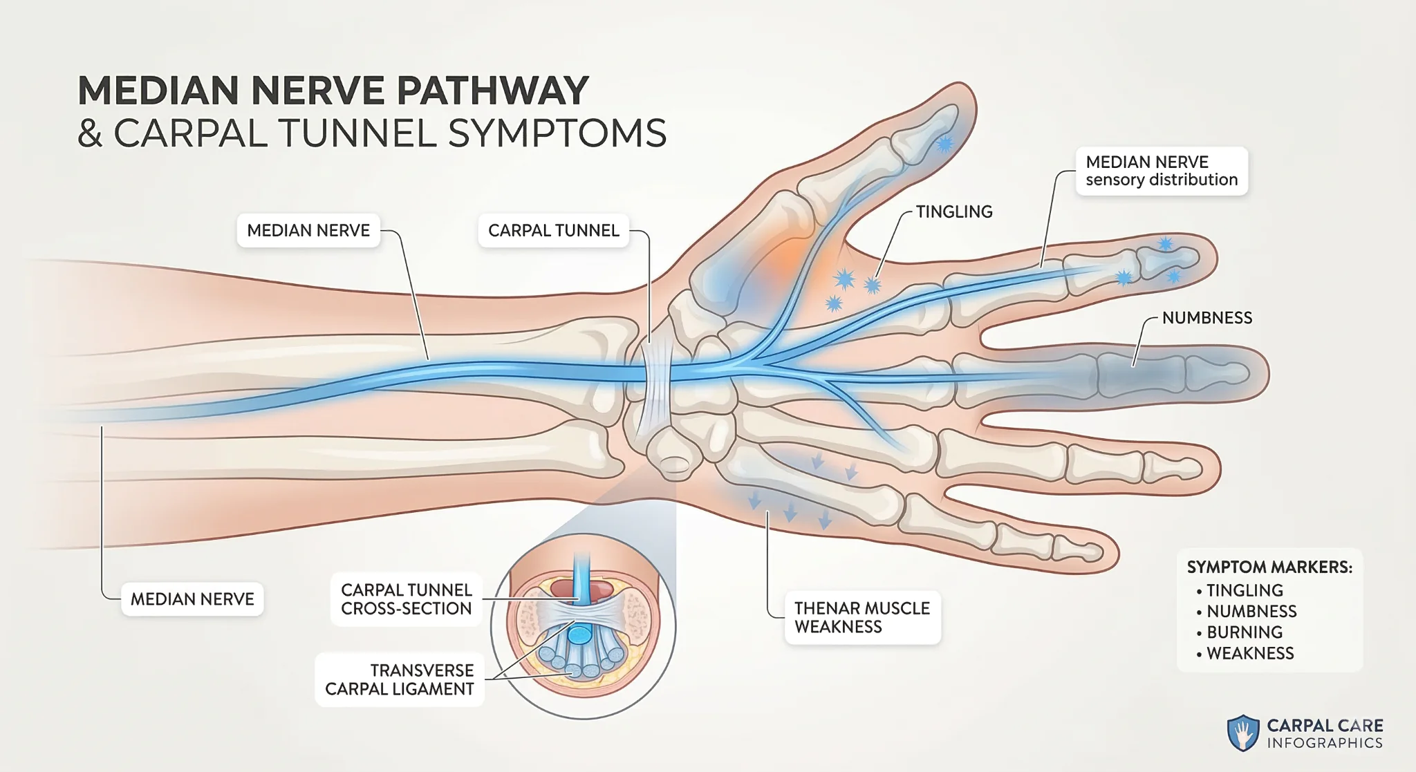 Carpal Tunnel FAQs, Symptoms, Causes, Diagnosis, and How The Carpal Solution Helps 3 Anatomical diagram showing the median nerve and common wrist compression symptoms in the hand