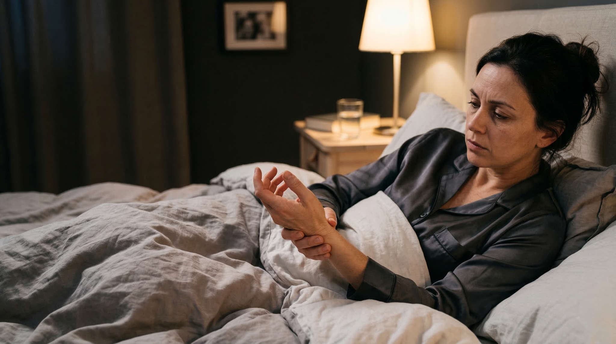 Person in bed holding a sore wrist during nighttime hand discomfort