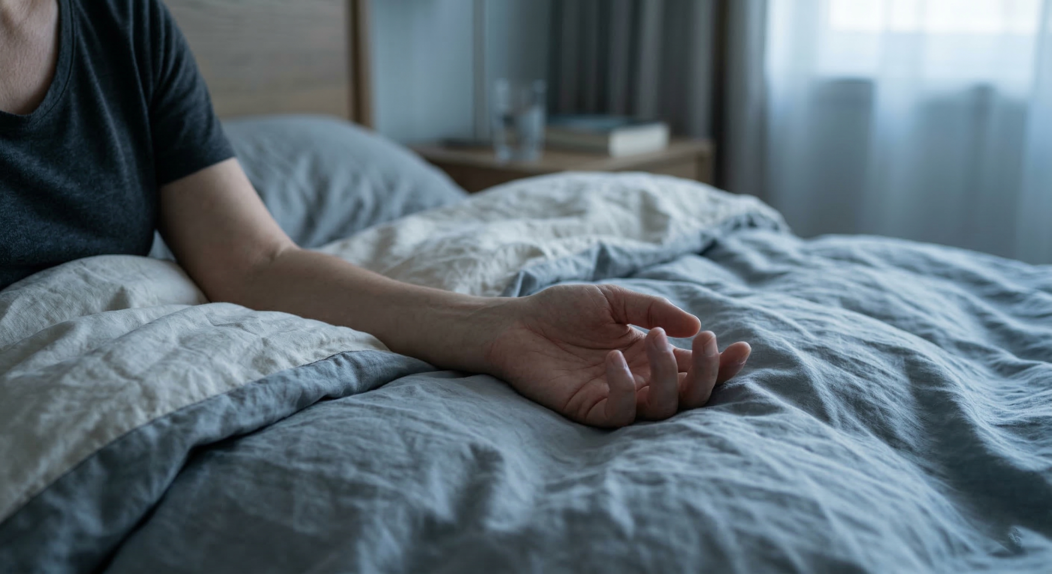 Person gripping a coffee mug with visible hand weakness in a home setting