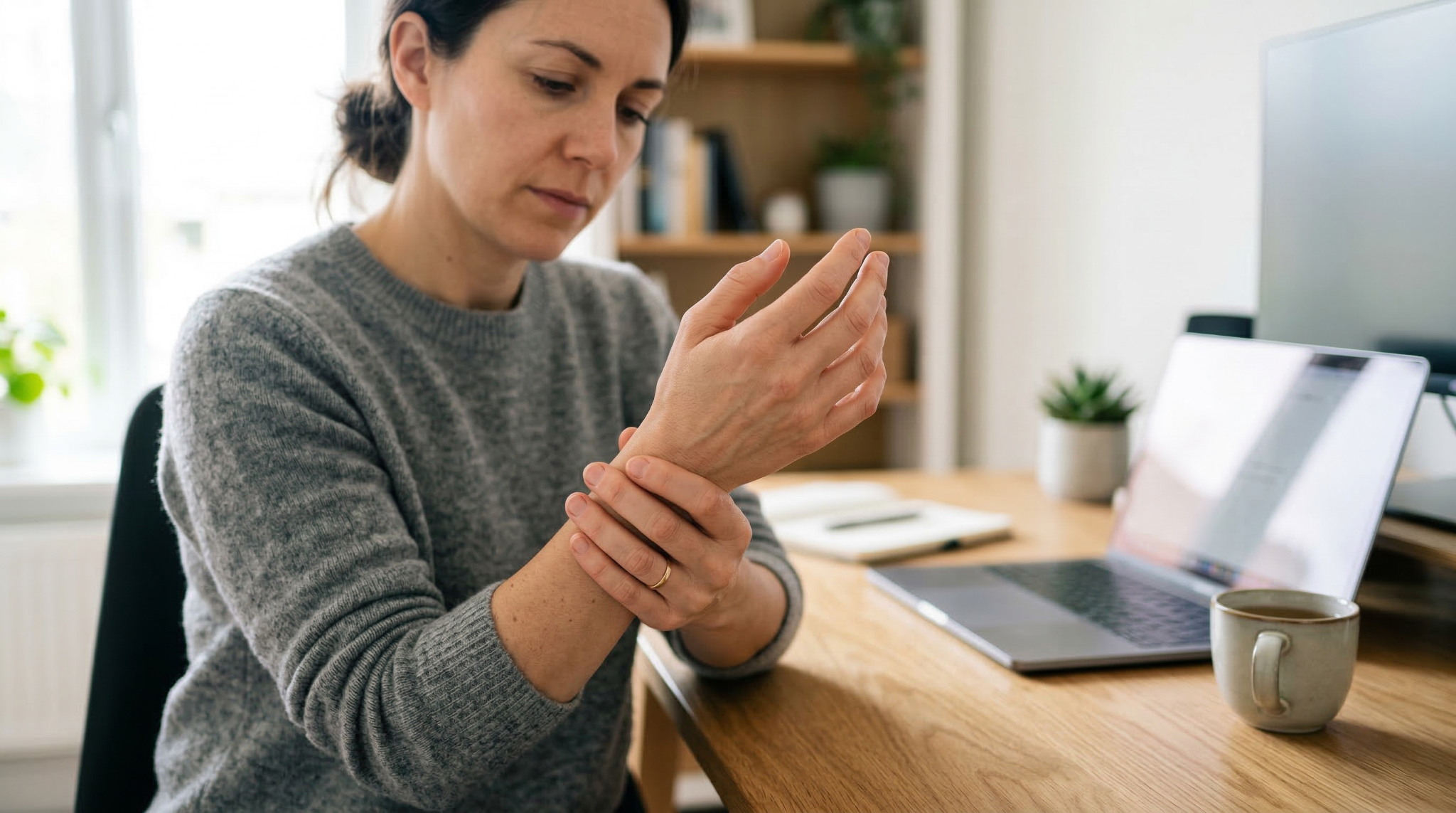 Person at a desk supporting a sore wrist beside a laptop during daily computer use