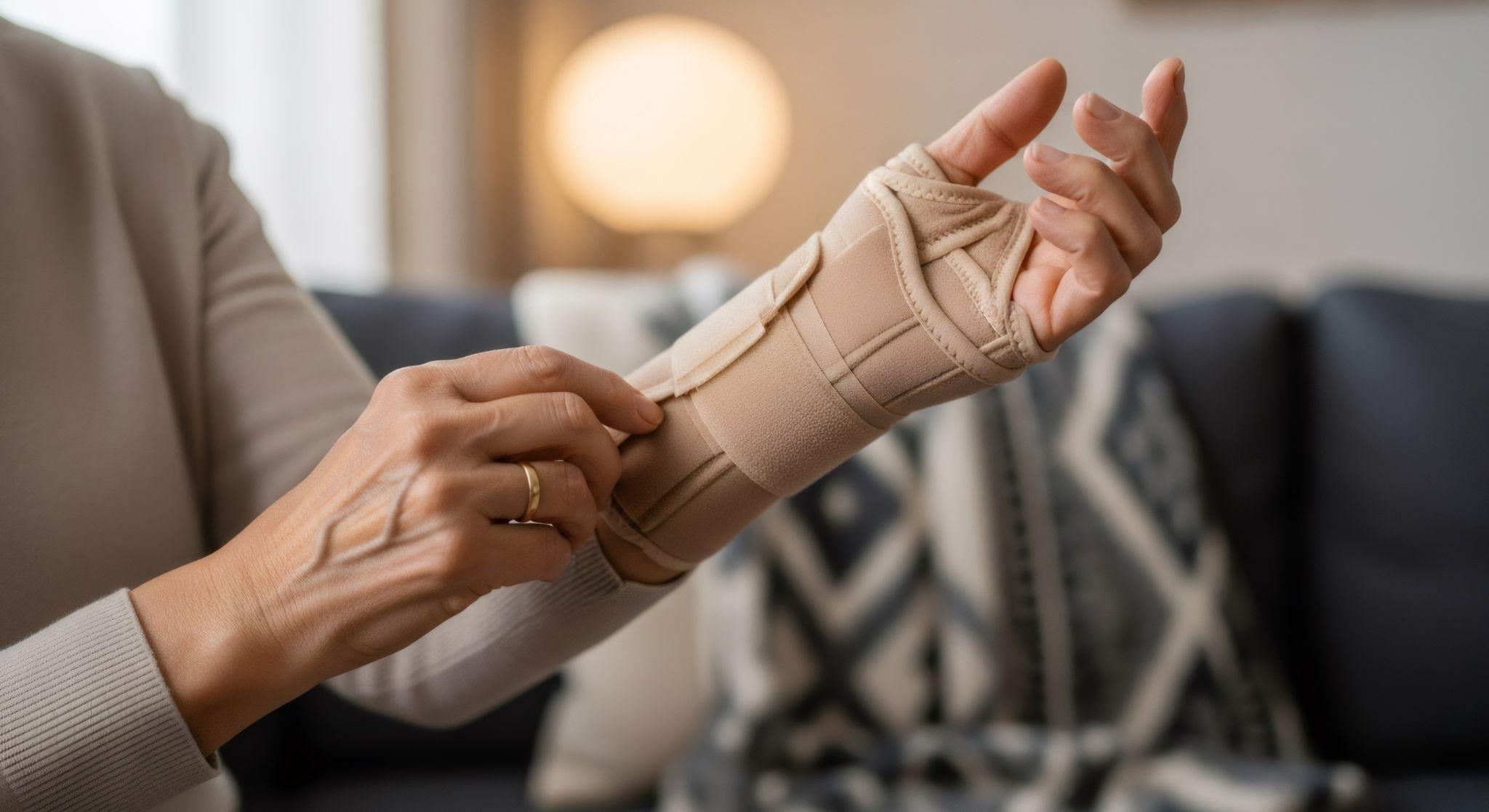 Person adjusting a wrist support wrap at home