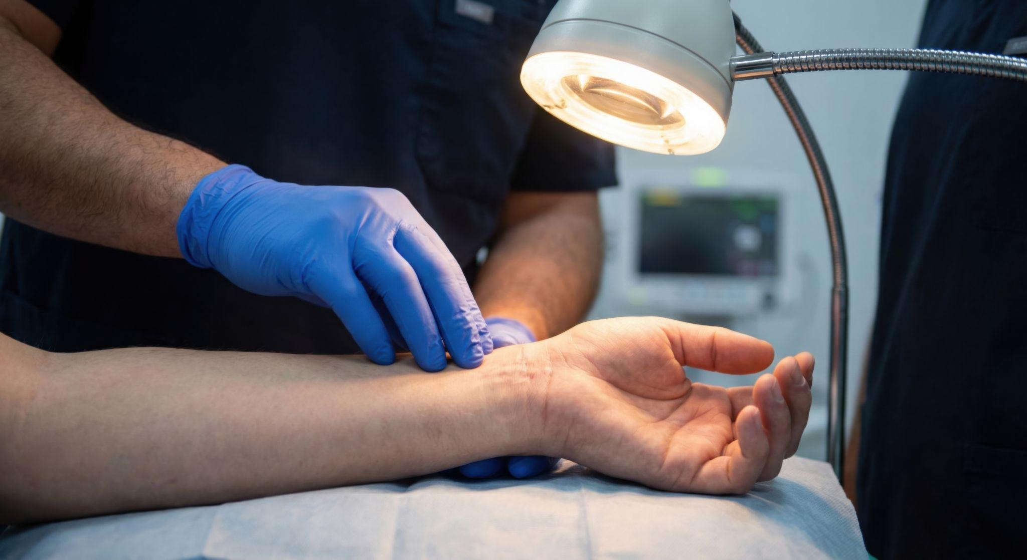 Clinician examining a patient’s wrist under a focused exam light