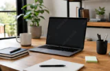 Wooden desk with a laptop, notebook and pen holder as an example of a desk setup