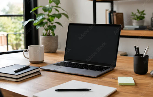 Wooden desk with a laptop, notebook and pen holder as an example of a desk setup