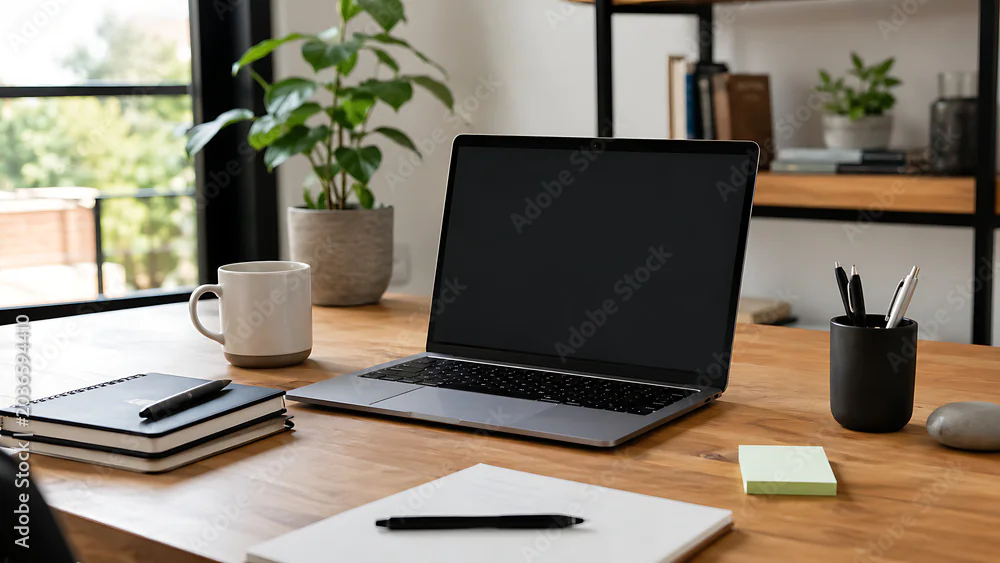 Wooden desk with a laptop, notebook and pen holder as an example of a desk setup