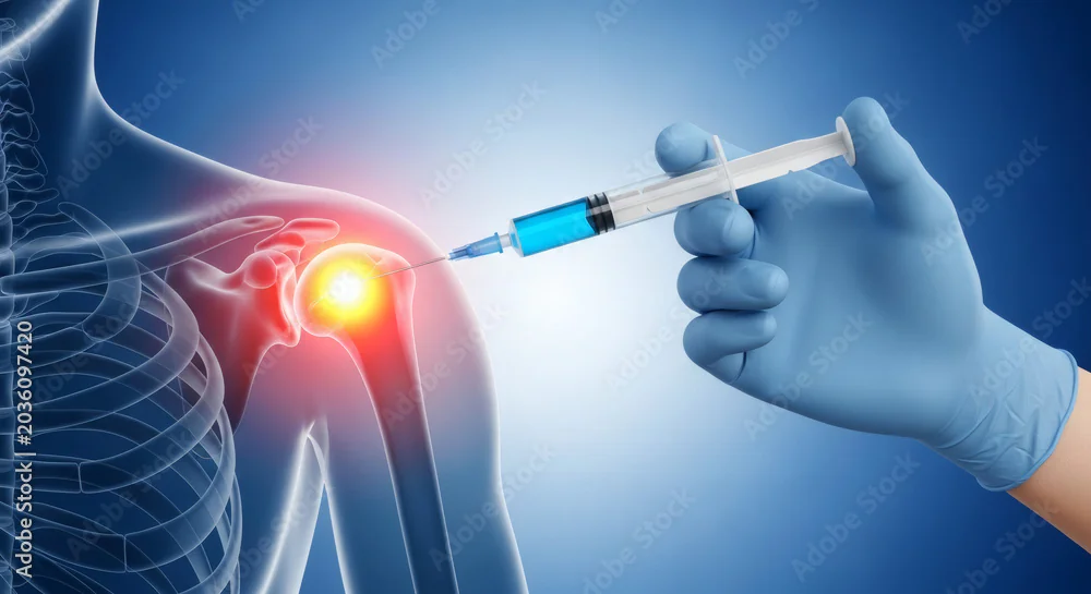 Gloved hand holding a syringe next to an illustration of an inflamed shoulder joint